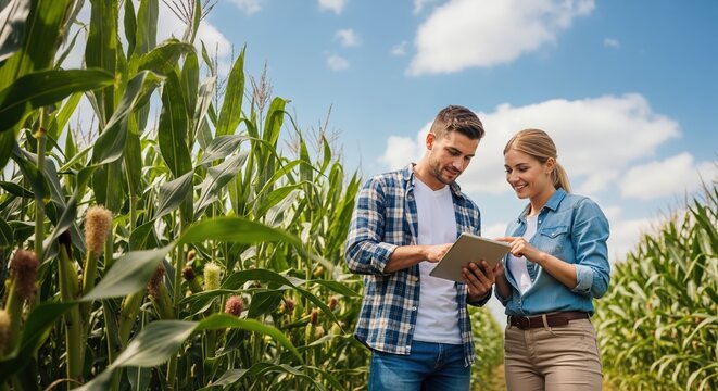 Two farmers using a digital tablet in a cornfield. Man and woman analyzing crop data. Modern agriculture and smart farming technology concept