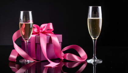 Champagne glasses with pink gift box and ribbon on black background for celebration concept