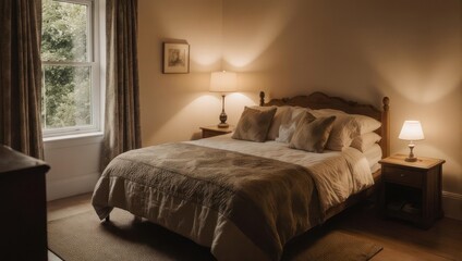 Fototapeta premium Cozy Bedroom Interior with Warm Lighting and Comfortable Bed.