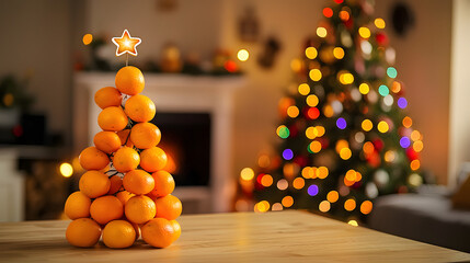 A creative tree made of fresh tangerines with a star on top sits on the kitchen table against a backdrop of a garland-decorated tree and twinkling lights—an original New Year's idea