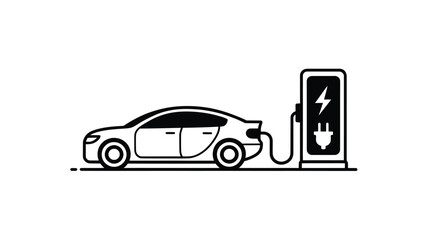 Modern electric car connected to a charging station with a lightning bolt symbol