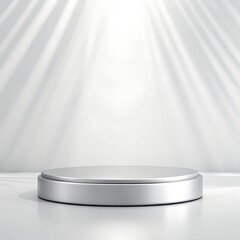 Sleek silver product display platform against a pristine white backdrop, ideal for showcasing luxury items or minimalist designs for modern branding projects