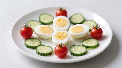 Healthy Breakfast Plate with Hard boiled Eggs, Fresh Cucumbers, and Ripe Tomatoes