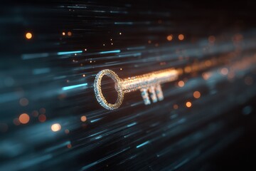 Digital Key Symbol Amidst Glowing Data Streams, Cybersecurity