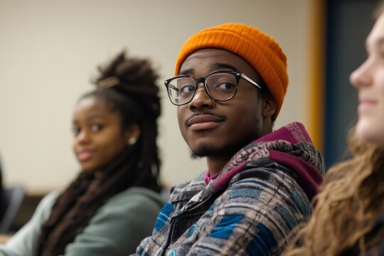 Young man wearing glasses and a beanie actively participating in a classroom setting with other students listening - Powered by Adobe