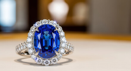 Elegant sapphire ring with diamond halo piece of luxury jewelry. This romantic engagement gift makes for beautiful decor