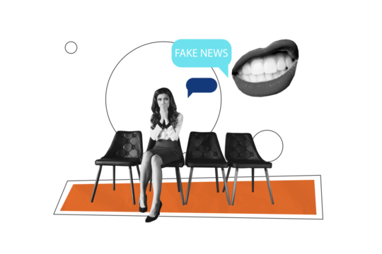 Creative collage picture young woman employee journalist secretary mouth grinning teeth fake news message information propaganda