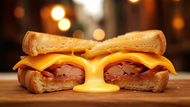 Gourmet Grilled Ham and Cheese Sandwich with Oozing Melted Cheese in a Dynamic Close-Up Shot.