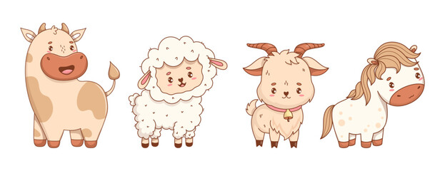 Cute little Sheep, Cow, Goat and Horse. Adorable Farm Animal. Isolated livestock Funny kawaii character. Vector illustration. Kids collection. Not AI