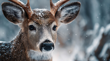 Obraz premium Winter deer portrait wildlife animal snow forest mammal nature antlers