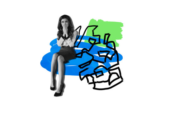 Composite artwork sketch image collage of young lady office manager cover face hands shocked emoji sit tired mental health mind think