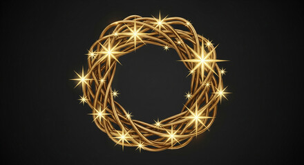 Golden Woven Wreath with Sparkling Stars on Dark Background Festive Abstract Design for Holidays Celebrations and Decorations