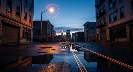 Fototapeta premium City street reflection at dusk with buildings and a street light in view