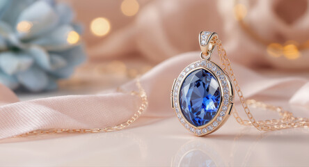 Elegant sapphire jewelry pendant with diamond on necklace. luxury gift and romantic decor for any special occasion