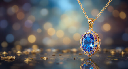 Luxury gold sapphire pendant stunning piece of jewelry. Elegant sparkling background perfect for romantic decor