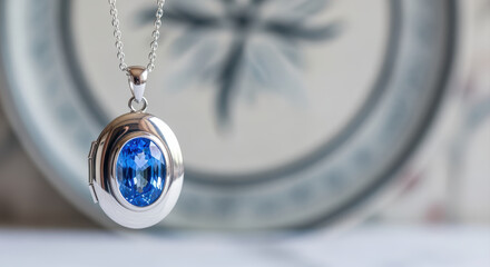 Elegant silver necklace with beautiful sapphire gemstone pendant. Precious jewelry as sentimental gift with soft decor