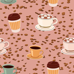 Various coffee cups and takeaway mugs with coffee beans on a seamless pink background in flat style. Great for cafe packaging web textiles and seasonal designs