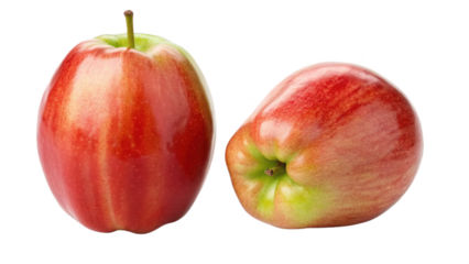 Two ambrosia apples isolated on transparent background, close up studio shot
