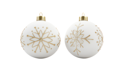 Pair of white ornaments with gold snowflake designs overhead on transparent background