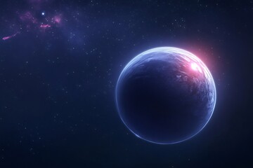 Obraz premium Exoplanet with aurora like glow on its surface, orbiting in the vast universe surrounded by stars and a distant nebula