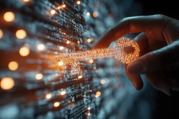 Hand Holding Digital Key Symbol with Glowing Data Streams