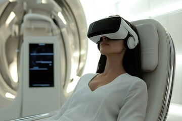 Woman wearing VR goggles and headphones, immersing in virtual reality for psychological treatment in a futuristic medical setting