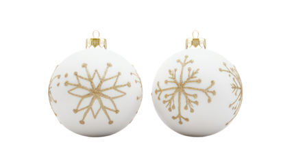 Pair of white ornaments with gold snowflake designs overhead on transparent background