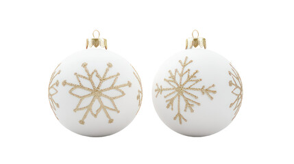 Pair of white ornaments with gold snowflake designs overhead on transparent background