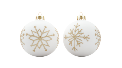 Pair of white ornaments with gold snowflake designs overhead on transparent background