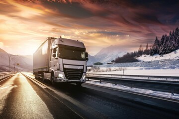 White truck on snowy mountain road at sunset in winter landscape.