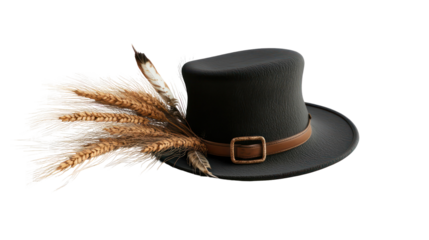 Black top hat with feather plume isolated on transparent background