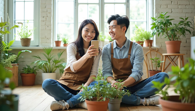 Asian couple happy indoor. Man woman taking photo of plants by smartphone. People smiling. Plants in pots around them. Green house plants growing near big windows at home.