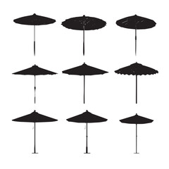 Fototapeta premium Collection of beach umbrella silhouettes in black and white