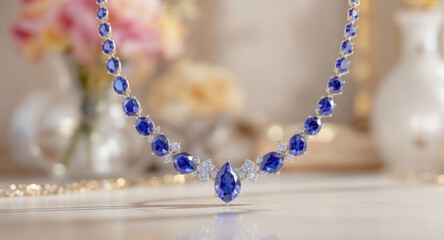 Elegant sapphire necklace jewelry with diamond accent on table with floral decor. luxurious and romantic fine accessory