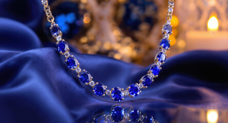Elegant blue sapphire necklace luxury jewelry piece. Romantic gift idea with rich decor on smooth silk fabric