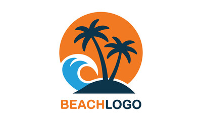 Obraz premium Tropical beach sunset logo with palm trees and ocean wave design
