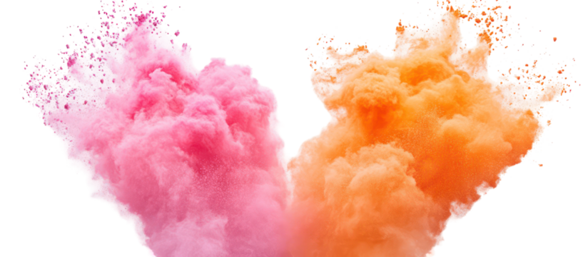 Two colorful powder explosions pink and orange isolated on transparent background