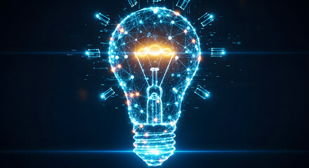 A glowing lightbulb with a network of blue lines and dots on a dark blue background design