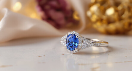 Elegant blue sapphire engagement ring piece of luxury jewelry shown with soft romantic background decor