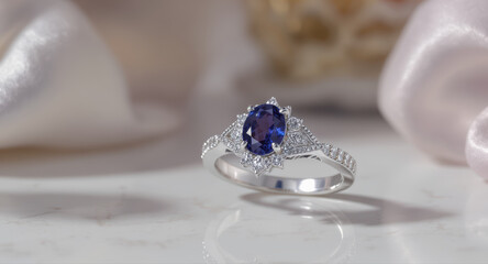 Elegant blue sapphire ring luxury jewelry piece for engagement. romantic gift with beautiful soft fabric decor