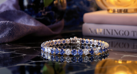 Elegant sapphire and diamond jewelry bracelet on table, luxurious and beautiful piece of fashion decor for woman