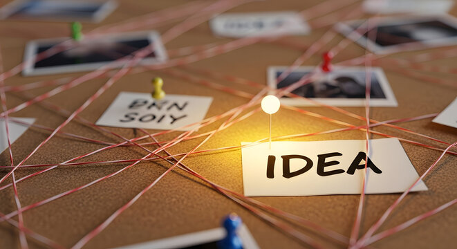 A concept board with the word idea highlighted and connected by strings and push pins