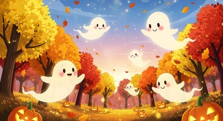 whimsical halloween autumn landscape featuring friendly ghosts among orange fall foliage and colorful trees background

