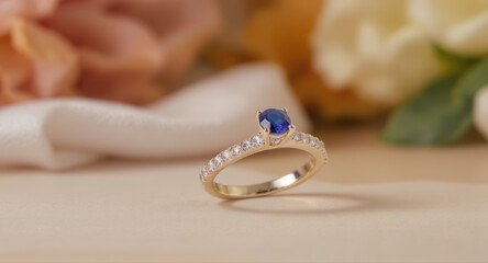 Elegant gold engagement ring with blue sapphire and diamond. Romantic love and fine jewelry beautiful wedding decor item