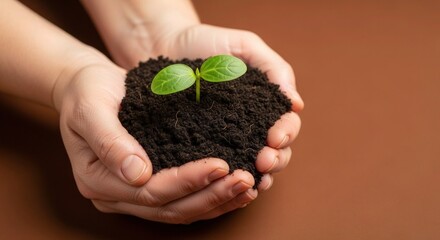 Nurturing new life with care and hope, a young sprout grows from fertile soil held gently in human hands, symbolizing growth, sustainability, and environmental consciousness