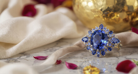 Elegant sapphire ring luxury jewelry decor on silk with romantic red petal. beautiful precious gemstone for engagement