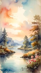 Watercolor landscape painting with river, trees, and sunset