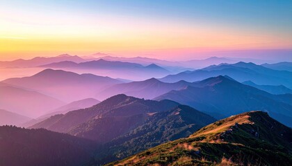 Majestic Mountain Ridges at Dawn with Diffused Light Scenery Rocky Terrain Sparse Vegetation Golden Sky Blue Hue and Overlapping Peaks Serene Landscape
