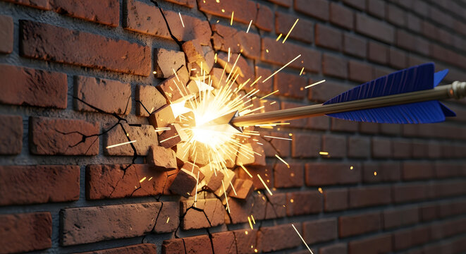 Arrow piercing through a brick wall with sparks flying and blue fletching visible behind