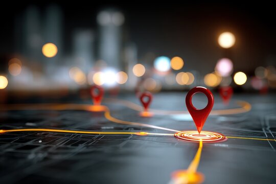 Red Pinpoint Glowing on Digital Road Map at Night